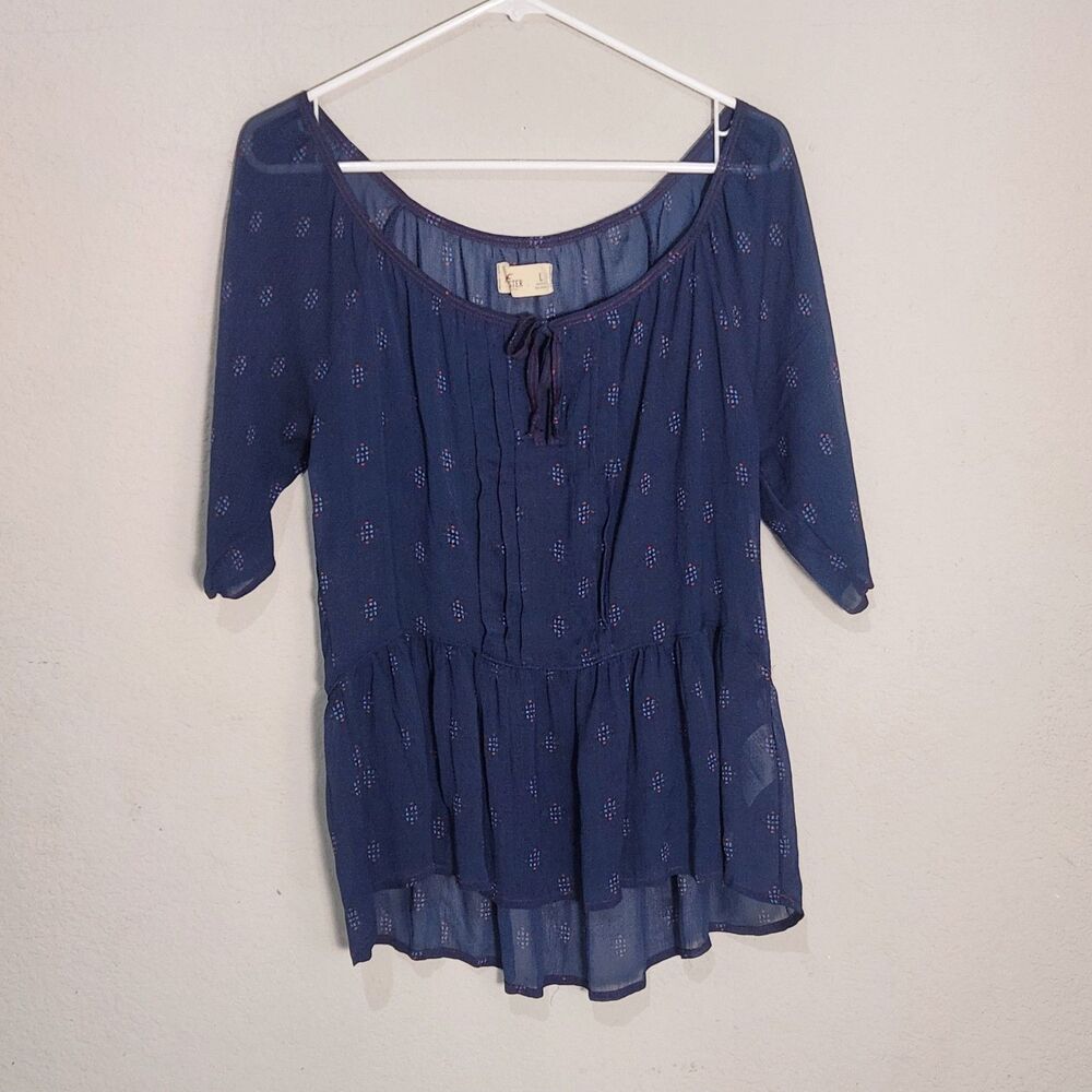 Hollister Boho Peplum Blouse Womens‎ Large Blue Sheer Tie Neck 3/4 Sleeve